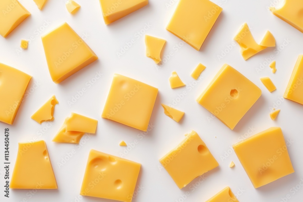 Cheddar cheese pieces scattered on a white surface in bright lighting during a culinary preparation session Cheddar cheese pieces scattered on a white surface in bright lighting during a culinary preparation session