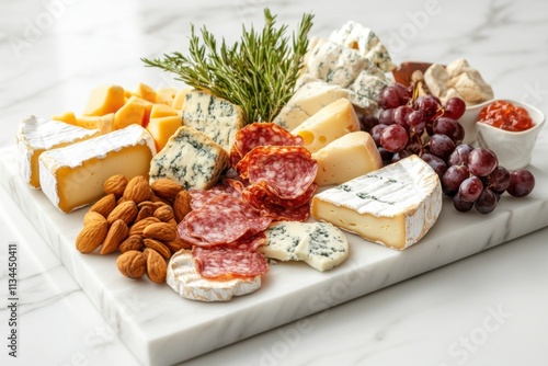 Artisan cheese and charcuterie platter featuring variety of meats, cheeses, fruits, and nuts on a marble board