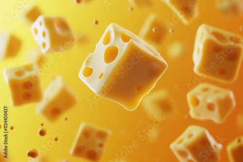 Floating yellow cheese cubes create a whimsical and vibrant display against a warm background photo