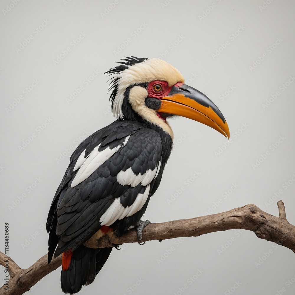 Obraz premium A hornbill perched calmly, feathers sleek and neat, with a clean white background.