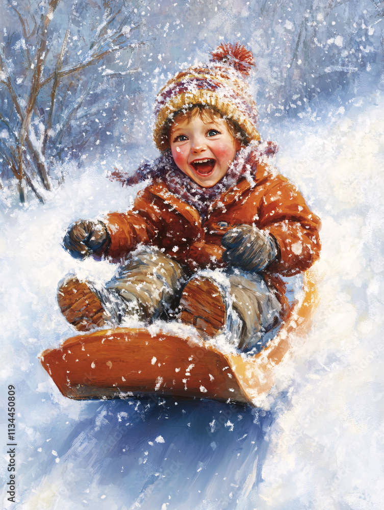 Joyful Child Sledding Down a Snowy Path in a Winter Forest, Capturing the Excitement and Magic of Seasonal Outdoor Fun Joyful Child Sledding Down a Snowy Path in a Winter Forest, Capturing the Excitement and Magic of Seasonal Outdoor Fun