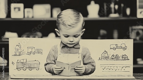 Vintage black and white image of child reading book with hand-drawn background art