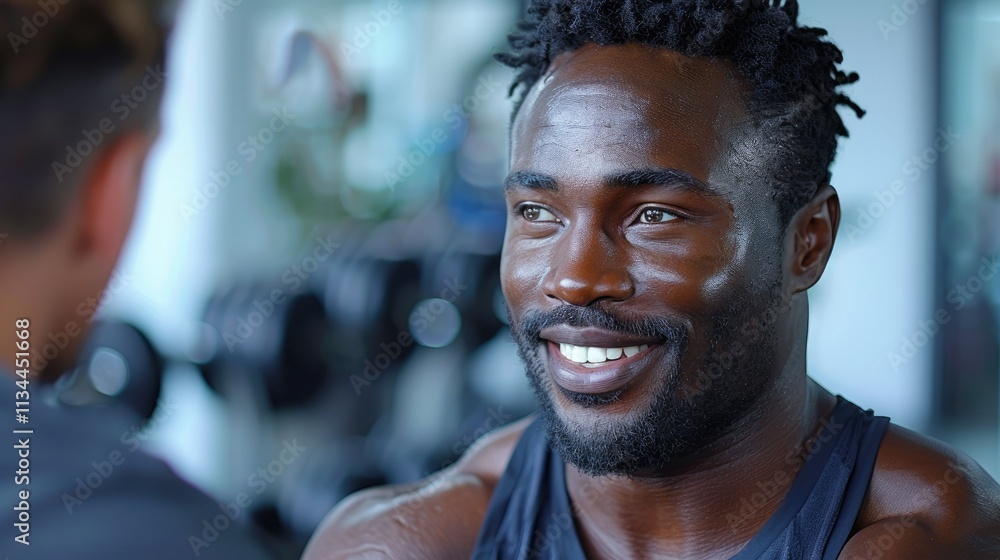 A smiling man in a gym setting, engaging in conversation with another person. A smiling man in a gym setting, engaging in conversation with another person.