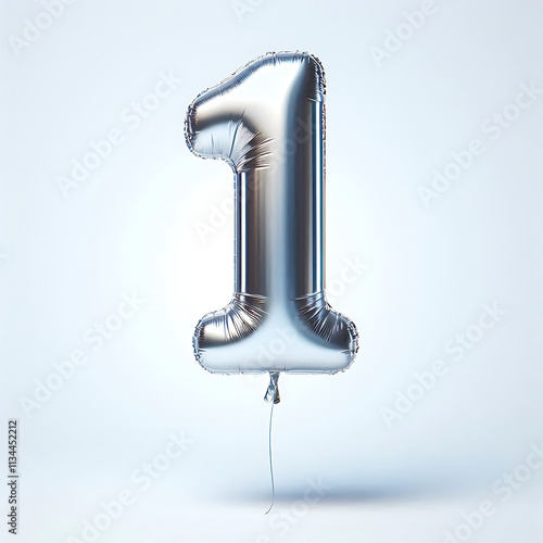 Silver Balloon Numbers 1 Floating on White Background