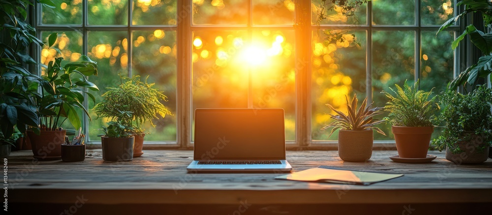 Laptop on wooden desk by window with plants, sunset. Laptop on wooden desk by window with plants, sunset.
