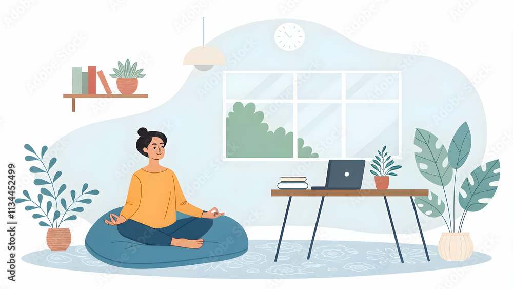 Fototapeta premium Serene Individual Meditating in Calming Home Office with Ample Copy Space for Text or Branding