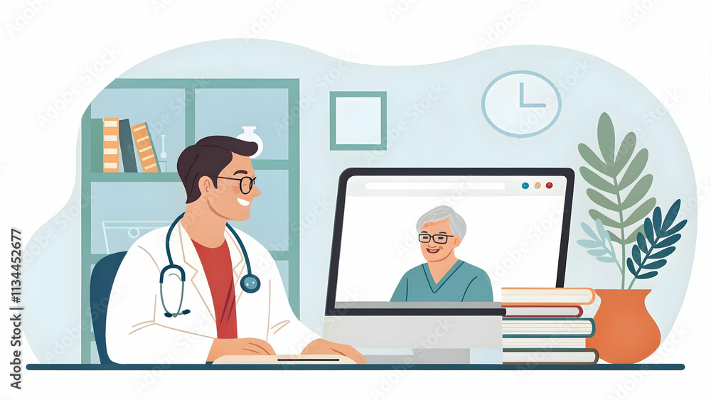 Remote Healthcare Solutions: Doctor Teleconsultation with Patient, Ample Copy Space for Telemedicine Stock Photo Remote Healthcare Solutions: Doctor Teleconsultation with Patient, Ample Copy Space for Telemedicine Stock Photo