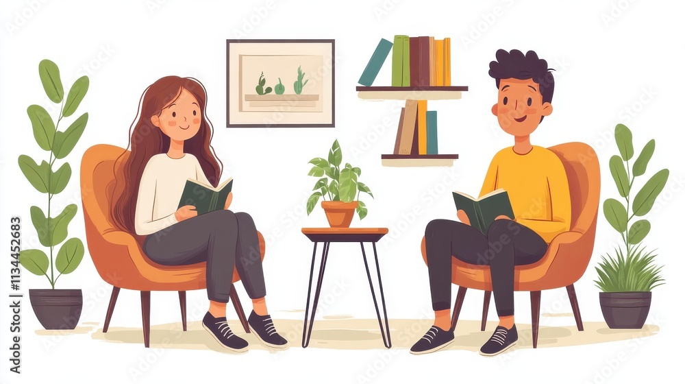 Two people reading in a cozy setting surrounded by plants and books. Two people reading in a cozy setting surrounded by plants and books.