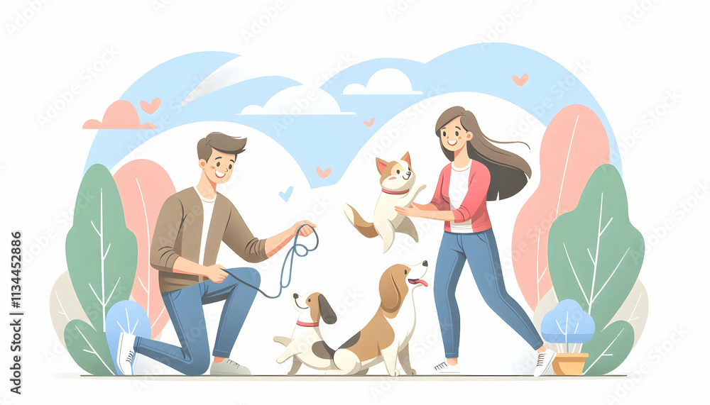 Joyful Family Playing with Pets in Soft Abstract Background with Ample Copy Space for Branding Joyful Family Playing with Pets in Soft Abstract Background with Ample Copy Space for Branding