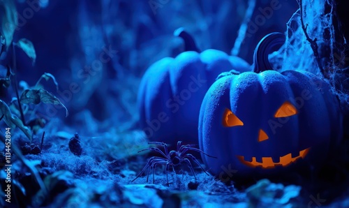 A blue-toned Halloween backdrop featuring a dark forest with pumpkins and a spider. The pumpkins' eerie glow contrasts with the deep shadows, creating a spooky, atmospheric vibe. photo