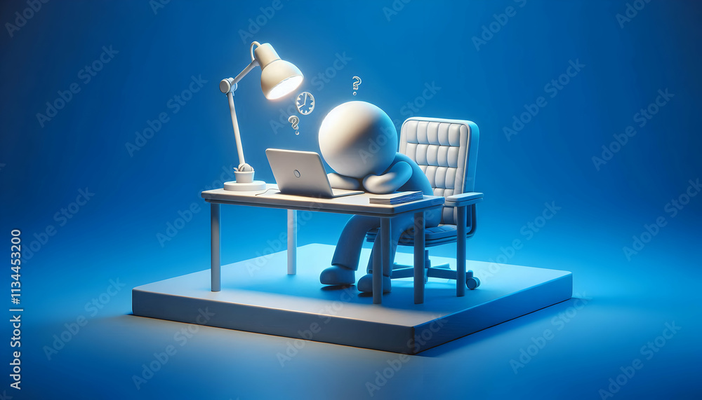 3D Tired Home Office Background concept as Home office setup with dim lighting solitary chair and laptop illustrating loneliness and exhaustion on Blue Monday plain background with copy space. as 3D I 3D Tired Home Office Background concept as Home office setup with dim lighting solitary chair and laptop illustrating loneliness and exhaustion on Blue Monday plain background with copy space. as 3D I