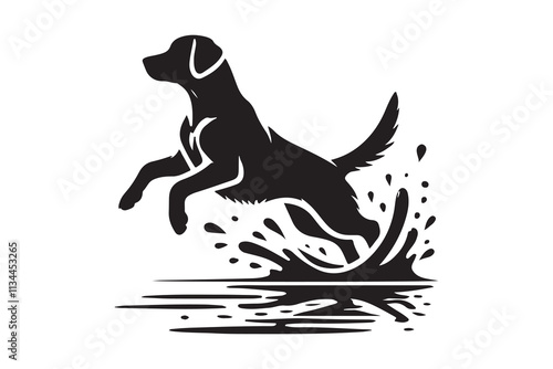 silhouette of a Labrador Retriever jumping through water splashes