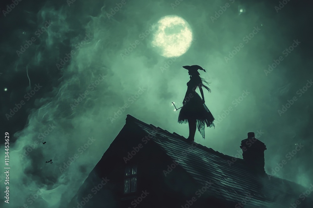 A Halloween witch standing tall on the roof of a spooky haunted house, her silhouette glowing under the moonlight as she casts a powerful spell into the dark sky, surrounded by swirling mist and eerie A Halloween witch standing tall on the roof of a spooky haunted house, her silhouette glowing under the moonlight as she casts a powerful spell into the dark sky, surrounded by swirling mist and eerie
