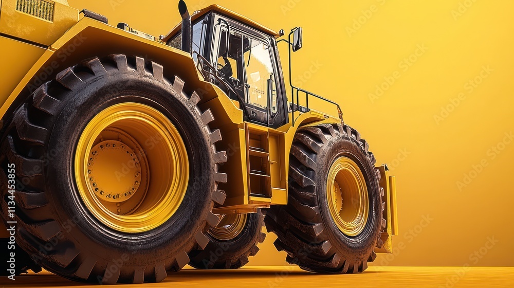 Powerful yellow tractor with large tires against a vibrant orange background. Powerful yellow tractor with large tires against a vibrant orange background.
