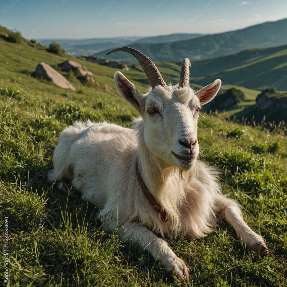 A goat lying peacefully on a sunny hillside covered with green grass. A goat lying peacefully on a sunny hillside covered with green grass.