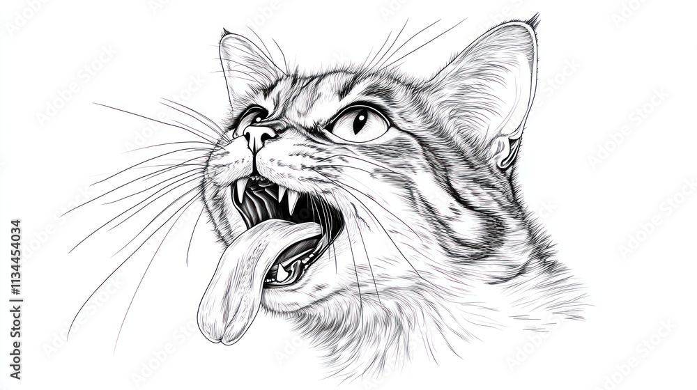 Monochrome sketch of a tabby cat with its mouth open and tongue out. Monochrome sketch of a tabby cat with its mouth open and tongue out.