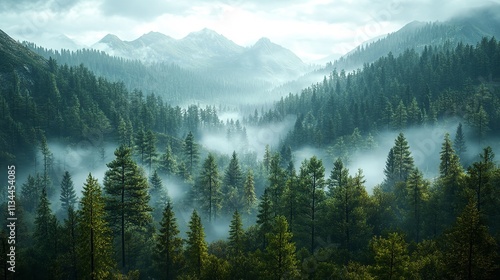 his serene image depicts mist-covered mountains surrounded by lush evergreen trees, with layers of fog cascading through the valleys.