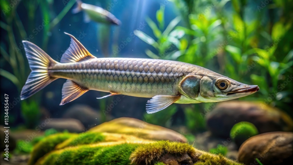 Exotic fish with elongated body and silver coloration swimming in freshwater habitat, exotic fish, notopterus chitala Exotic fish with elongated body and silver coloration swimming in freshwater habitat, exotic fish, notopterus chitala