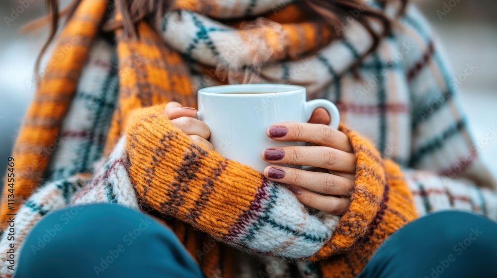 Woman's hands holding a steaming mug wrapped in a warm scarf and sweater outdoors. Woman's hands holding a steaming mug wrapped in a warm scarf and sweater outdoors.