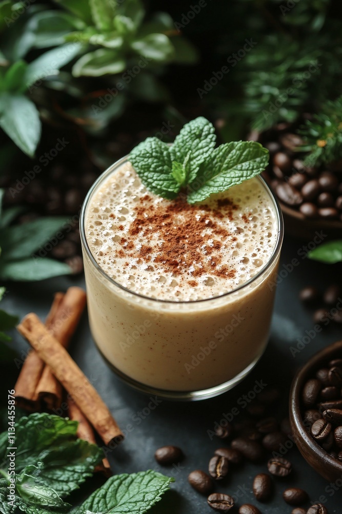 Cold coffee drinks garnished with cinnamon and coffee beans, displayed on a dark surface. Cold coffee drinks garnished with cinnamon and coffee beans, displayed on a dark surface.