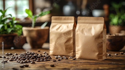 A cozy, rustic café is illuminated by daylight, where artisanal coffee bags are placed beside a newly roasted batch of beans.