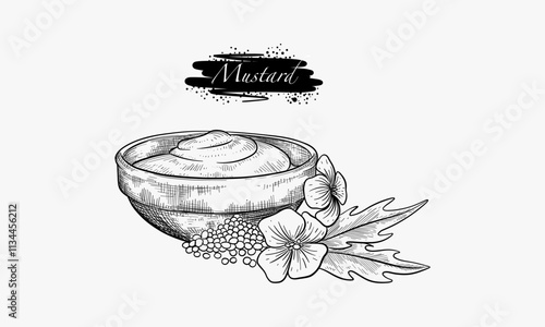 Hand drawn illustration of mustard in a bowl with flowers