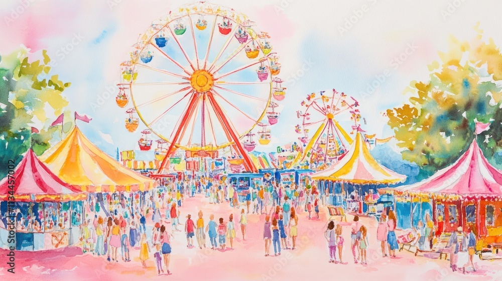 Watercolor painting of a vibrant funfair with Ferris wheels, tents, and people. Watercolor painting of a vibrant funfair with Ferris wheels, tents, and people.