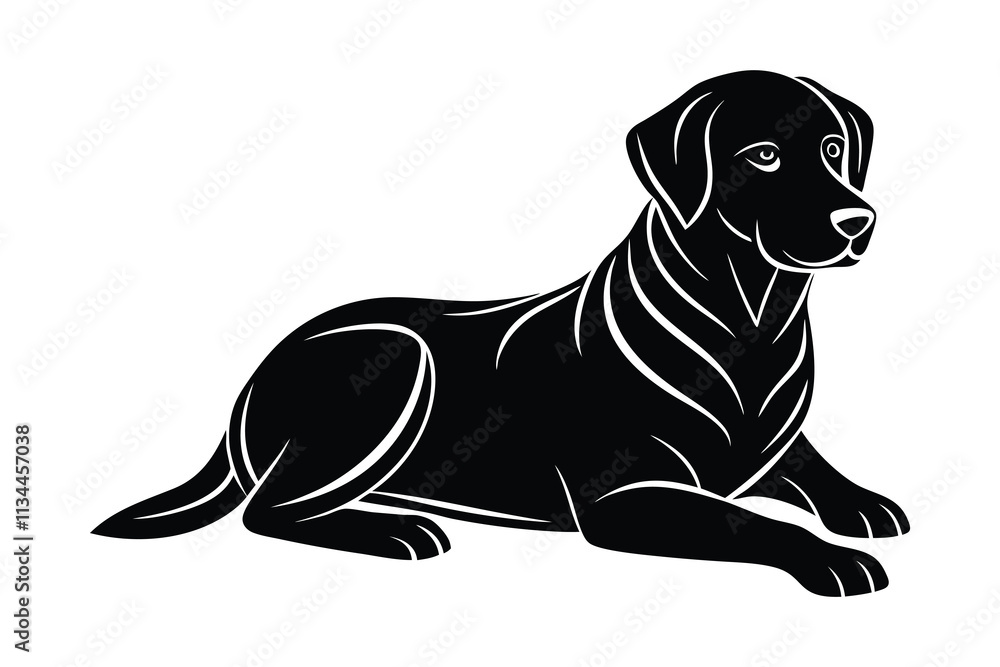 Obraz premium Minimalist silhouette of a black Labrador in a calm, lying down, sleeping, and resting pose.