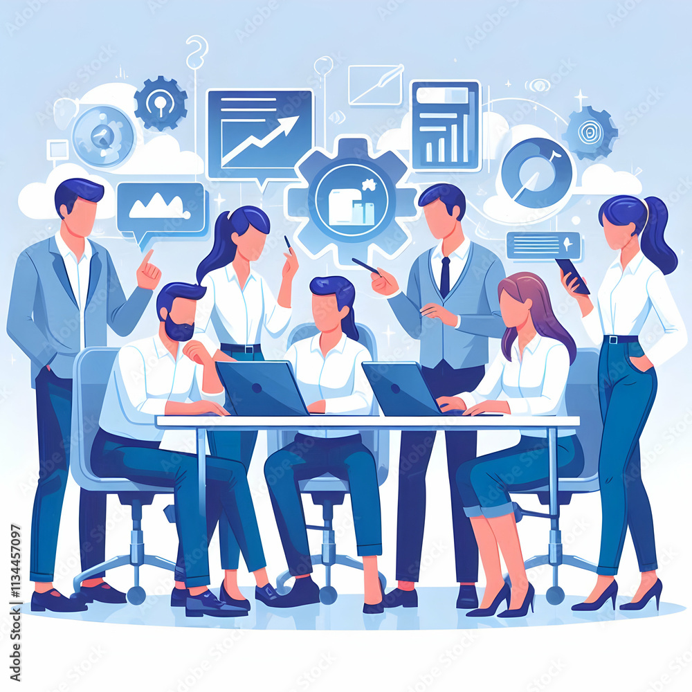 Flat Tech Team Collaboration on Digital Strategy in Glossy Office with Copy Space for Branding Flat Tech Team Collaboration on Digital Strategy in Glossy Office with Copy Space for Branding