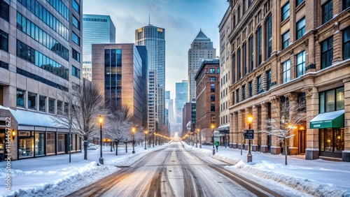 Snow-covered streets in downtown Minneapolis during a cold winter day, winter, Minneapolis, cityscape, urban, snowy