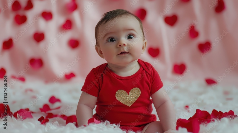 An adorable baby in a red heart-themed onesie, with tiny golden wings, sitting on a soft white blanket surrounded by rose petals, set against a romantic pastel pink background An adorable baby in a red heart-themed onesie, with tiny golden wings, sitting on a soft white blanket surrounded by rose petals, set against a romantic pastel pink background