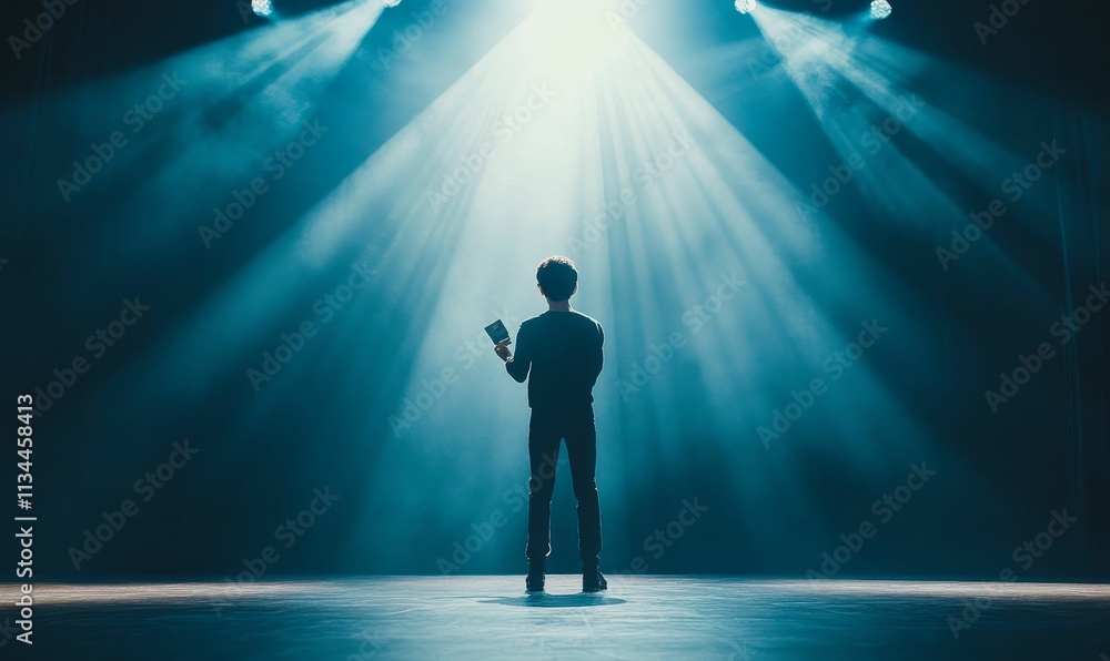 Fototapeta premium Silhouetted figure holds object, stage lights shine.