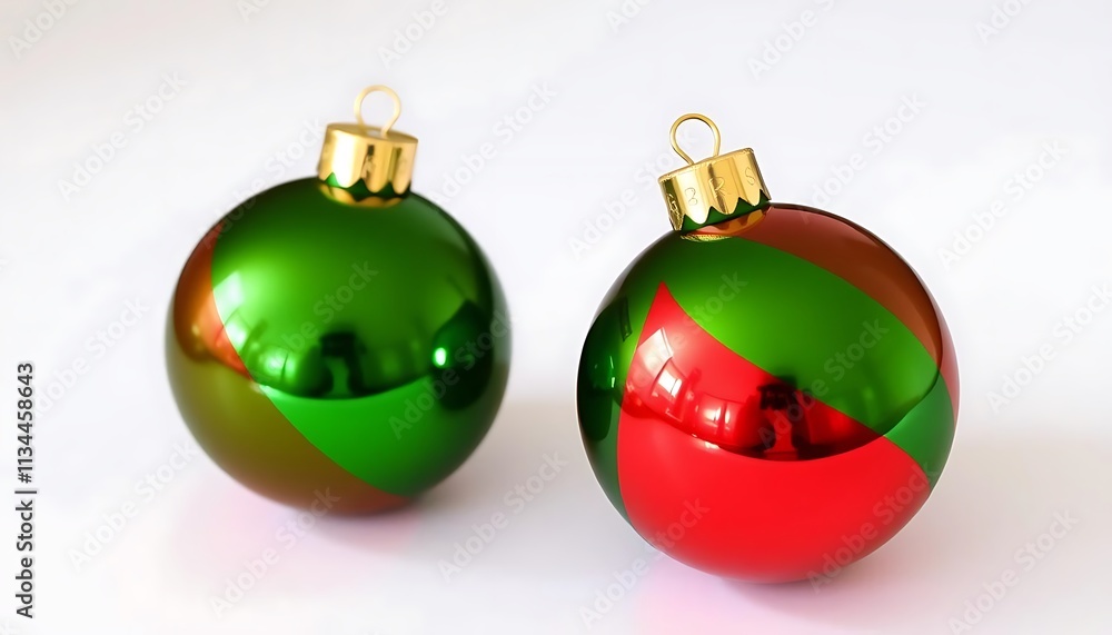 Two Christmas Ornaments, Red and Green, against a plain background Two Christmas Ornaments, Red and Green, against a plain background