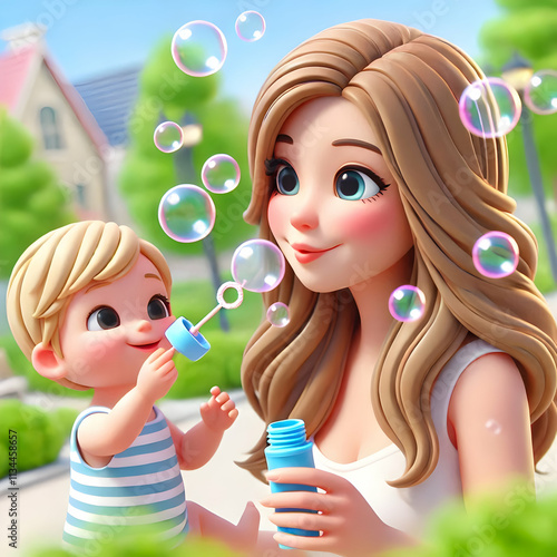 3D Mother blowing bubbles with baby in a park candid with copy space concept as A playful and candid shot of a mother blowing bubbles for her baby in a park. The moment is filled with joy and playfuln photo