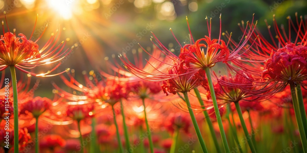 Red spider lilies bathed in autumn light with lens flare, autumn, red, flowers, nature, vibrant, fall, sunlight, beautiful