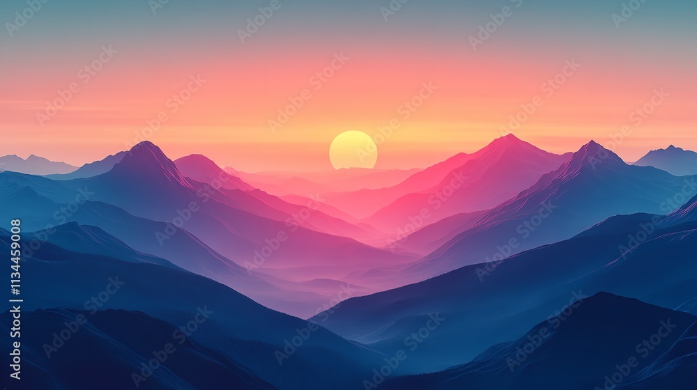Illustrate a tranquil equinox sunrise over a mountain range, with equal parts of the landscape bathed in light and shadow, Close up Illustrate a tranquil equinox sunrise over a mountain range, with equal parts of the landscape bathed in light and shadow, Close up