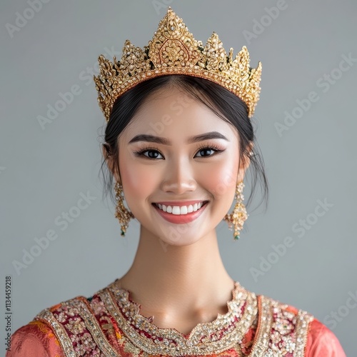 Female traditional dancer smiles.