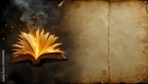 Open Magical Book with Fire and Light Effects