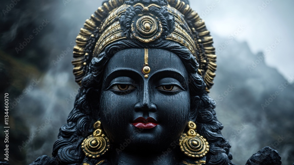 Close-up of a dark statue of Krishna, serene face with ornate golden jewelry, mystical atmosphere. Close-up of a dark statue of Krishna, serene face with ornate golden jewelry, mystical atmosphere.