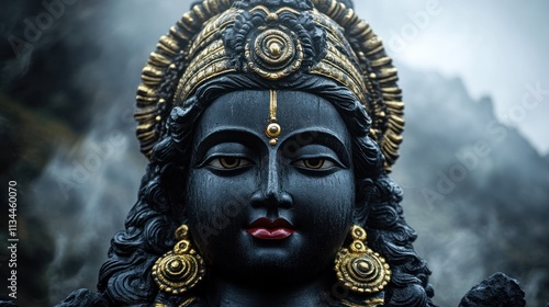 Close-up of a dark statue of Krishna, serene face with ornate golden jewelry, mystical atmosphere.