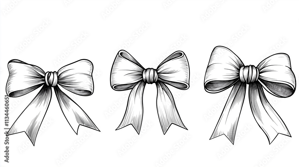 A row of festive bows and ribbons in line art. A row of festive bows and ribbons in line art.