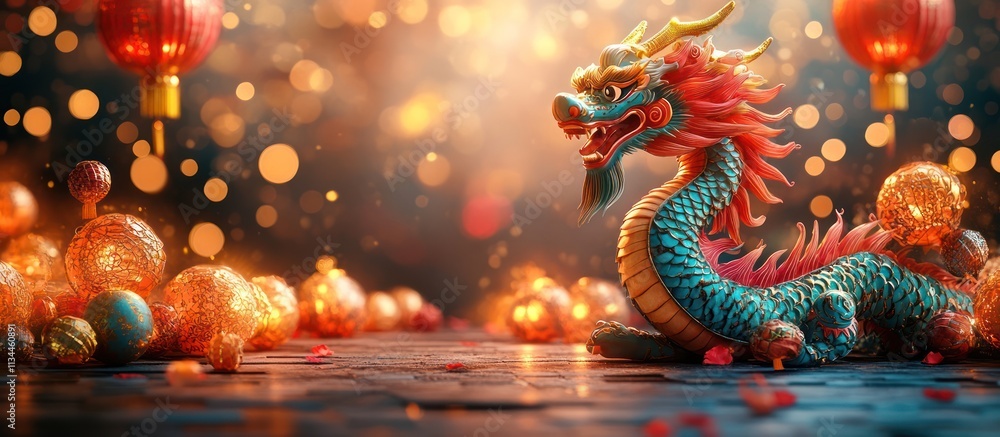 Fototapeta premium Chinese dragon figurine with festive decorations.