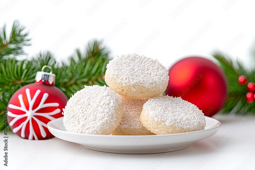 During the holidays, coconut macaroons are showcased on a plate in a bright Scandinavian kitchen adorned with festive decorations and ample space for text, positioned by a large window. During the holidays, coconut macaroons are showcased on a plate in a bright Scandinavian kitchen adorned with festive decorations and ample space for text, positioned by a large window.