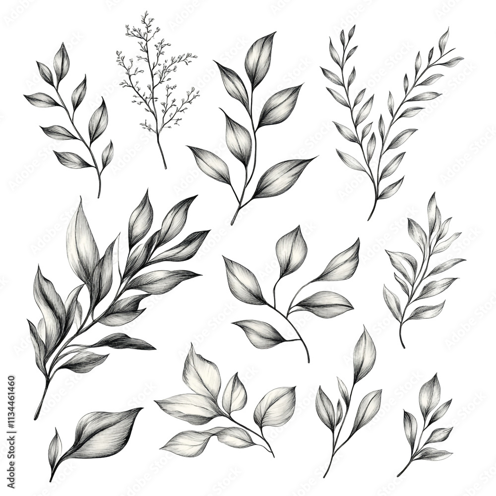 Fototapeta premium Elegant Monochrome Botanical Illustrations: A Collection of Hand-Drawn Greenery