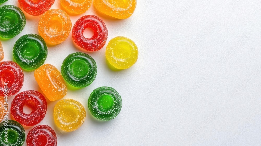 A photostock of a handful of colorful jelly candies shaped as rings, scattered on a seamless white background, symbolizing fun and sweetness. High Quality A photostock of a handful of colorful jelly candies shaped as rings, scattered on a seamless white background, symbolizing fun and sweetness. High Quality
