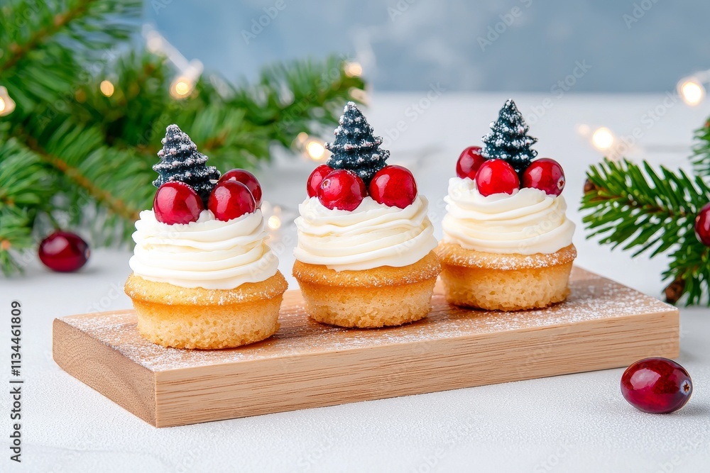 Cranberry desserts for the holidays topped with cream and adorned with festive lights.