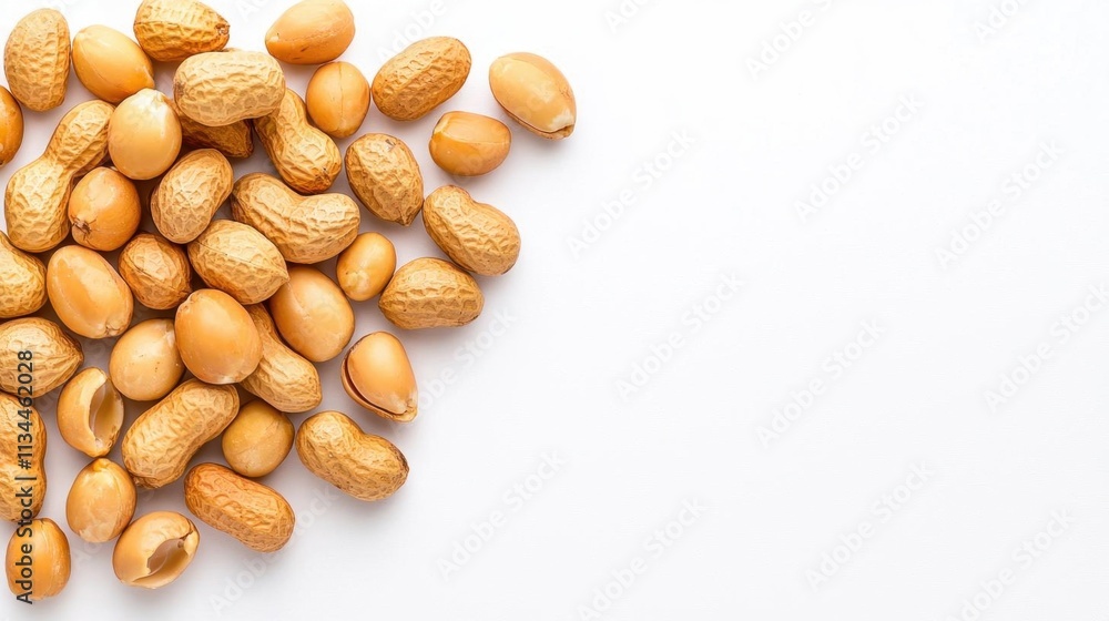 A photostock of a handful of raw peanuts still in their shells, spread naturally on a seamless white background, symbolizing snacking and simplicity. High Quality A photostock of a handful of raw peanuts still in their shells, spread naturally on a seamless white background, symbolizing snacking and simplicity. High Quality