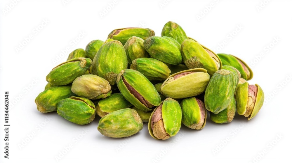 A photostock of a handful of shelled pistachios placed on a seamless white background, symbolizing their natural, nutty flavor and snack appeal. High Quality A photostock of a handful of shelled pistachios placed on a seamless white background, symbolizing their natural, nutty flavor and snack appeal. High Quality