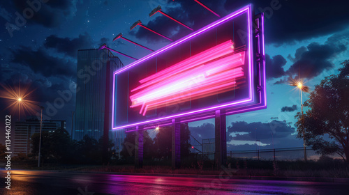 Artistic billboard logo with neon effects, city nightscape photo