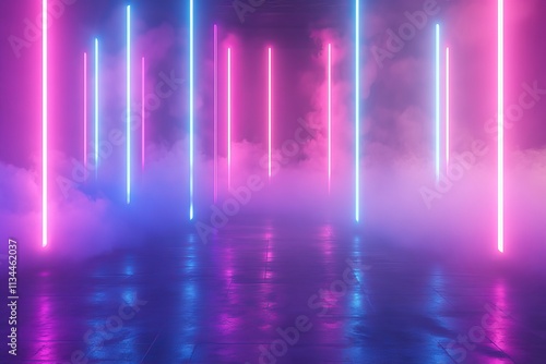 Wallpaper Mural Neon lights illuminate a smoky, futuristic stage Colorful Neon Lights Reflection on Wet Surface  Abstract background of endless bright blue and purple neon lights glowing in dark studio Torontodigital.ca